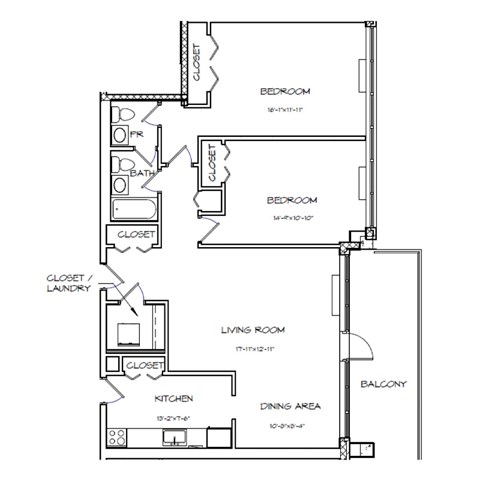 Floor plan for 2 beds, 1.5 baths, 1132 sqft